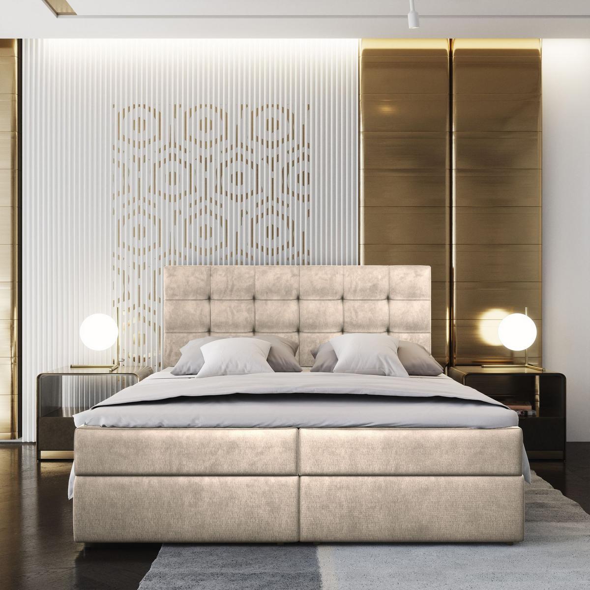 BOXBETT GLOS M 160x200 cm mit Matratze und Topper, H2+H3 - Beige - Beige, Holz (160/200cm) - MASSENO