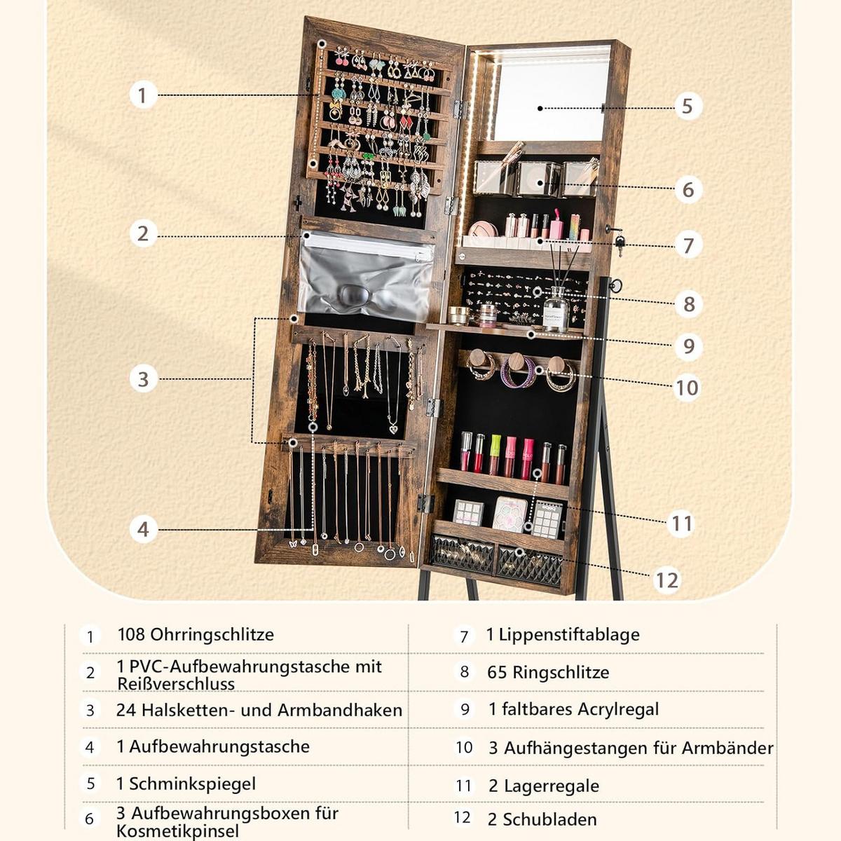 SCHMUCKSCHRANK Vintage Eiche Dekor - Alteiche, Holz (42/157/37cm) - COSTWAY