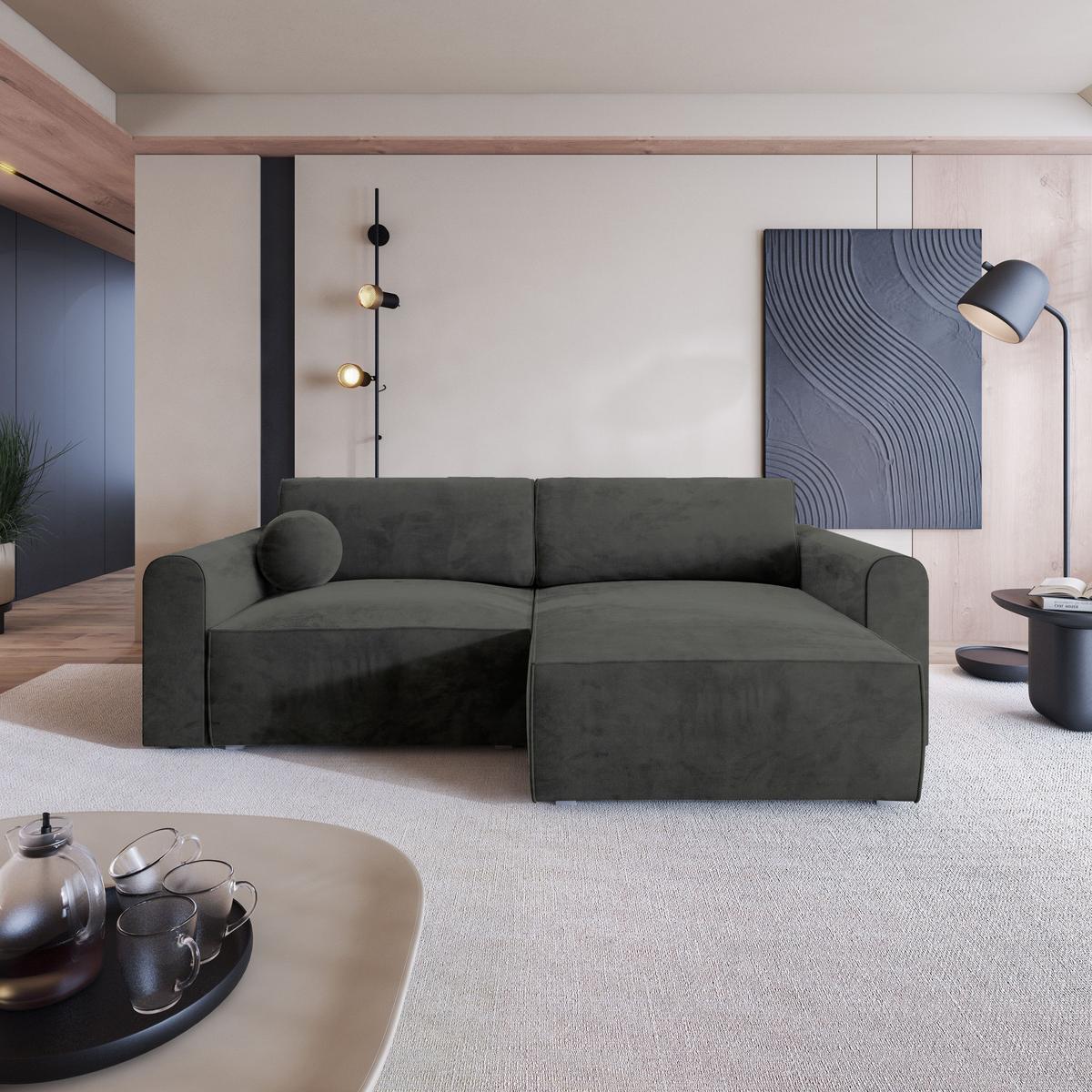 ECKSOFA FIANO M Schwarz Velours-Stoff mit Schlaffunktion - Schwarz/Grau, Holz/Kunststoff (245/148cm) - MASSENO