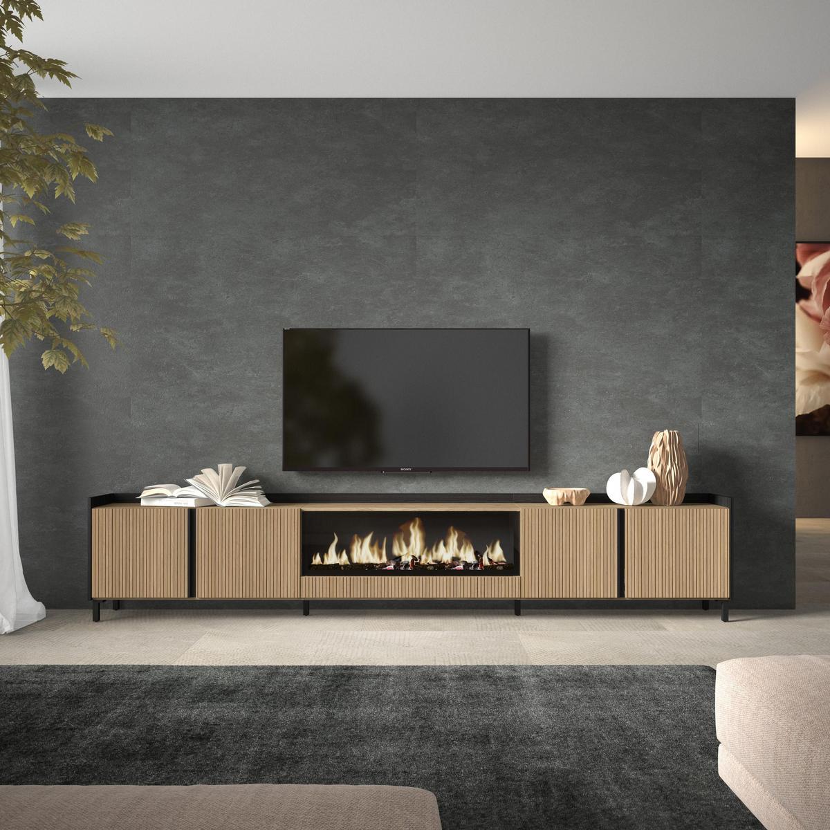 LOWBOARD, Eiche und Schwarz, 315/35/61cm, Elektrokamin XXL, Industriedesign - Eichefarben, Holzwerkstoff (315/61/35cm) - Skraut Home