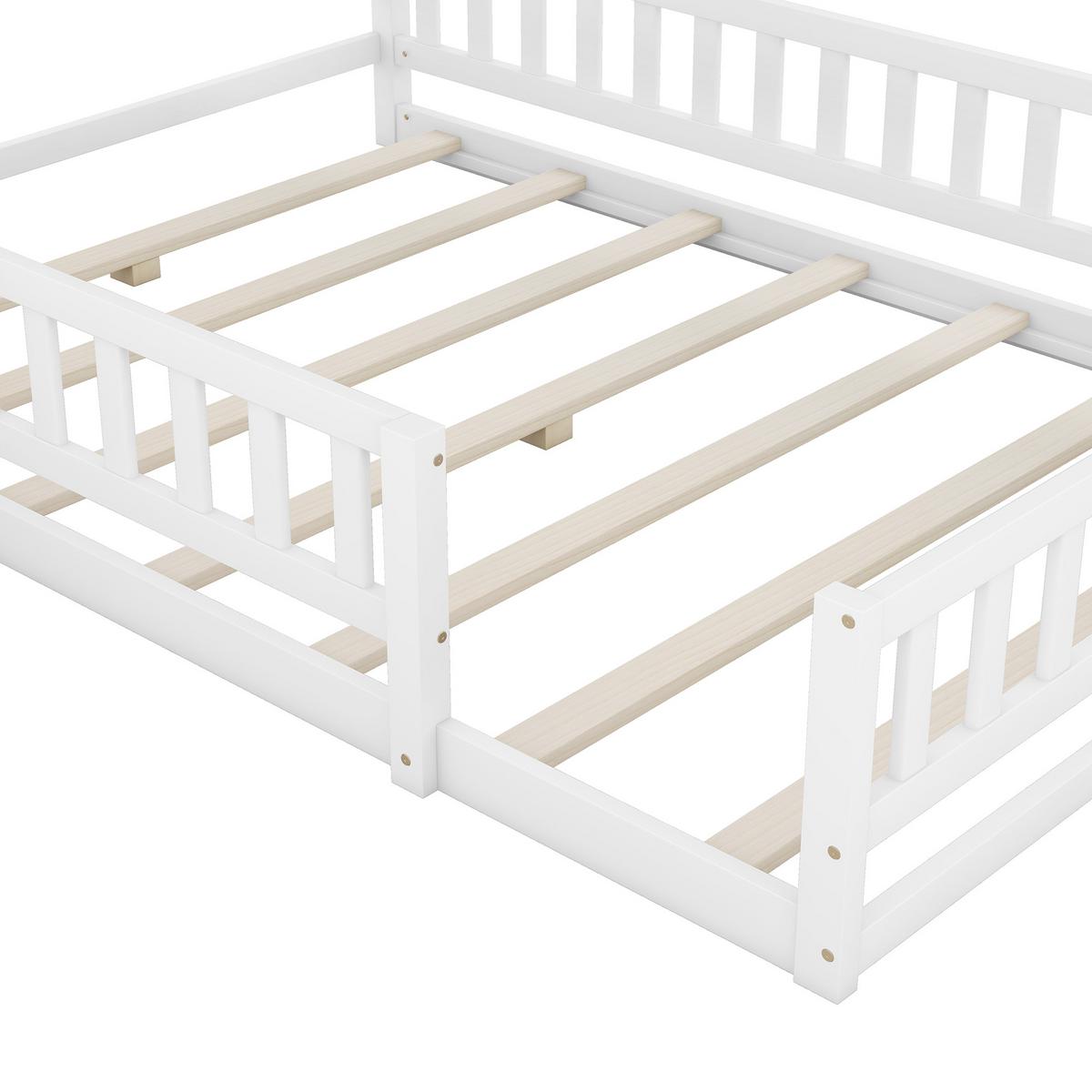 KINDERBETT 140x200 cm Hausbett Weiß – Massivholz Bett mit Geländer & Nachttisch - Weiß, Holz - Urban Meuble