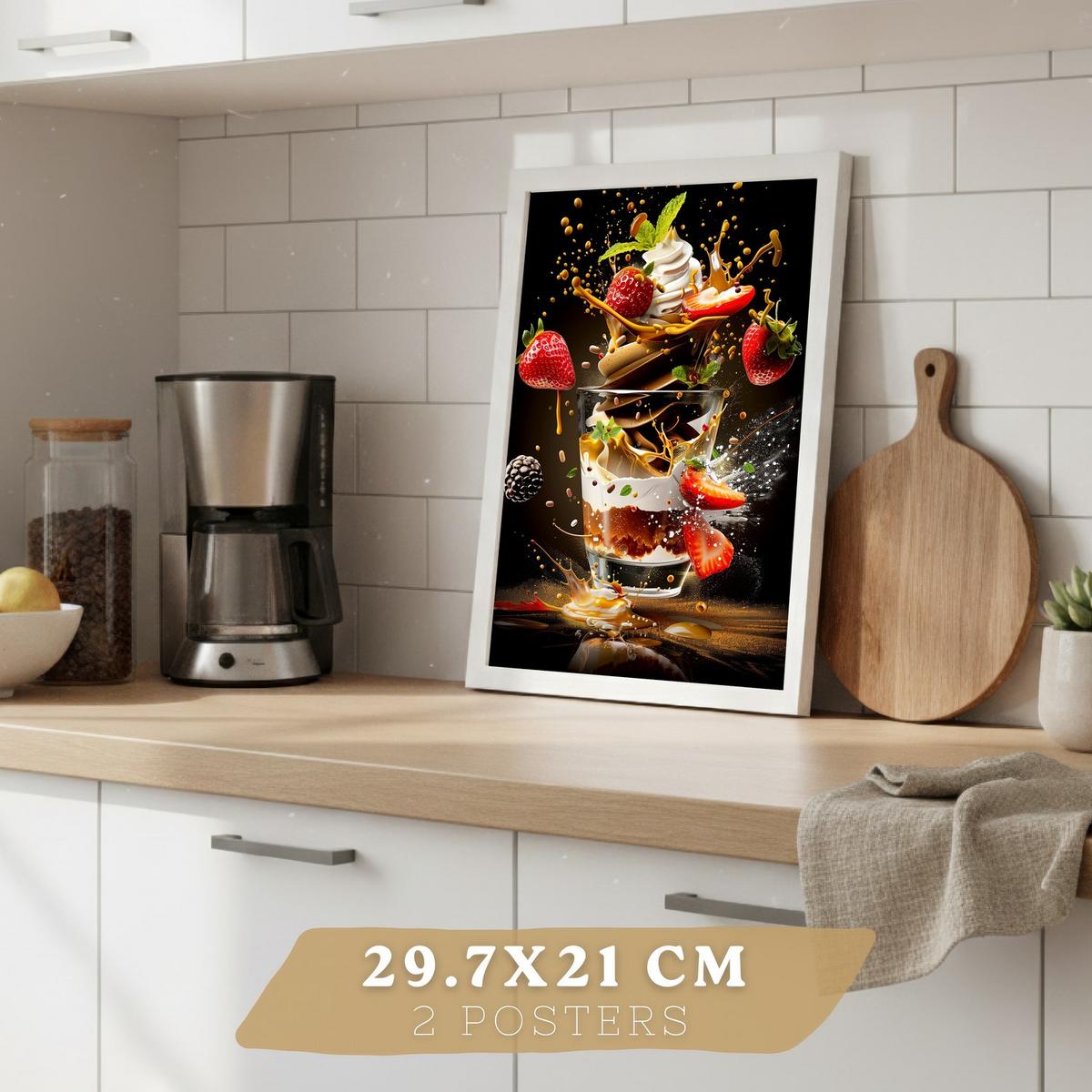 POSTER 2er Set Küchen-Wandbilder Erdbeer-Dessert und Salat Splash Fotografie Schwarzer Hintergrund Deko Rahmenlos A4 - Weiß, Papier (29.7/1/21cm) - Nacnic