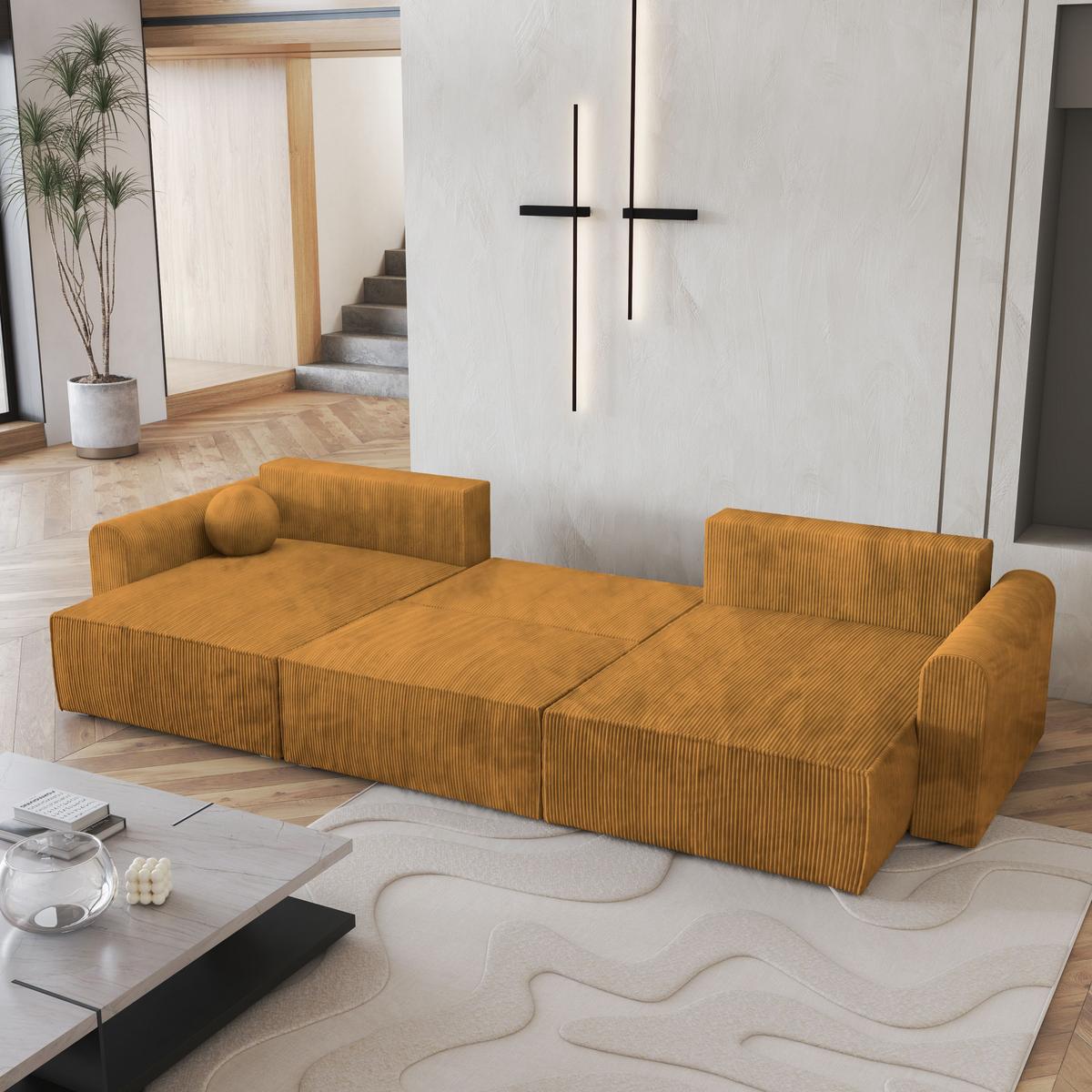 WOHNLANDSCHAFT FENTO P Gelb Kordstoff mit Schlaffunktion - Gelb/Grau, Holz/Kunststoff (347/90/148cm) - MASSENO