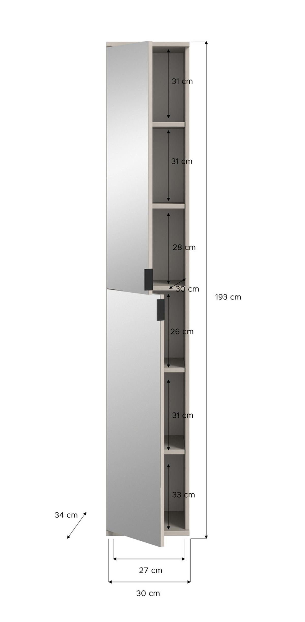 STAURAUMSCHRANK in Kaschmir 30 x 193 cm, Flurschrank mit Spiegel - Kaschmir/Schwarz, Glas/Holzwerkstoff (30/193/34cm) - Inn.Furn