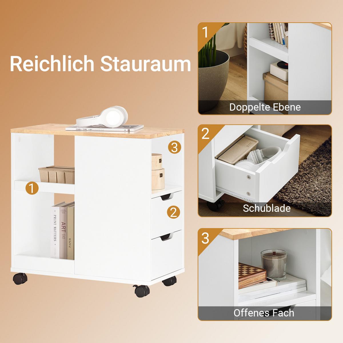 DRUCKERTISCH mit Rollen, Weiß-Natur 60x30x60cm - Weiß/Naturfarben, Holz/Holzwerkstoff (30/60/60cm) - SoBuy