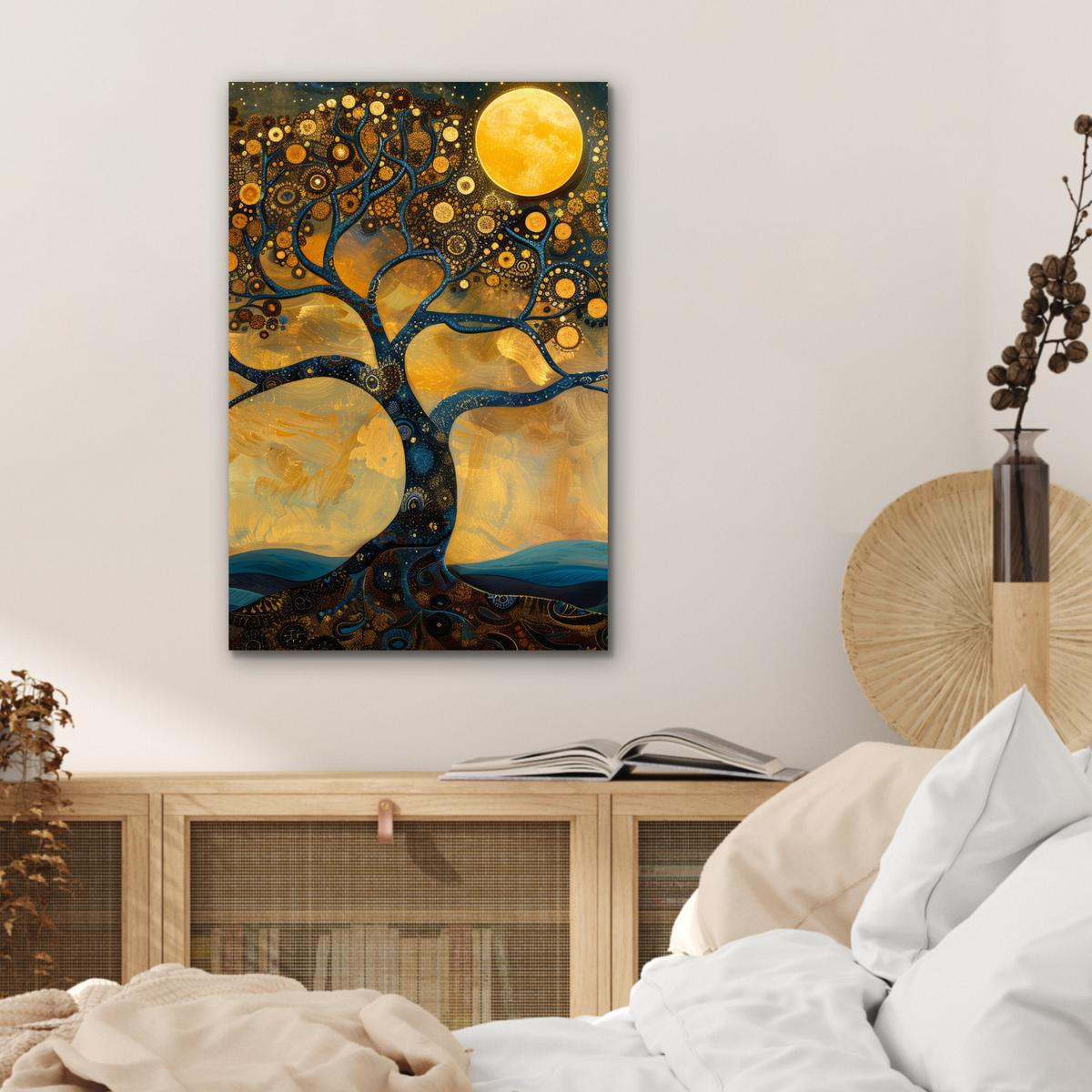 METALLBILD Baum - Mond - Blumen - Gold - Kunst Deko Schlafzimmer 40x60 cm - Orange, Metall (40/60cm) - MuchoWow