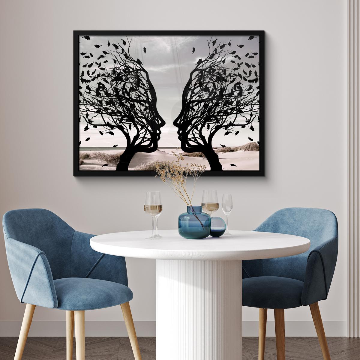 POSTER MIT RAHMENGERAHMTES BILD Strand - Meer - Menschen - Baum - Moderne Kunst 80x60 cm - Hellgrau, Papier (80/60cm) - MuchoWow