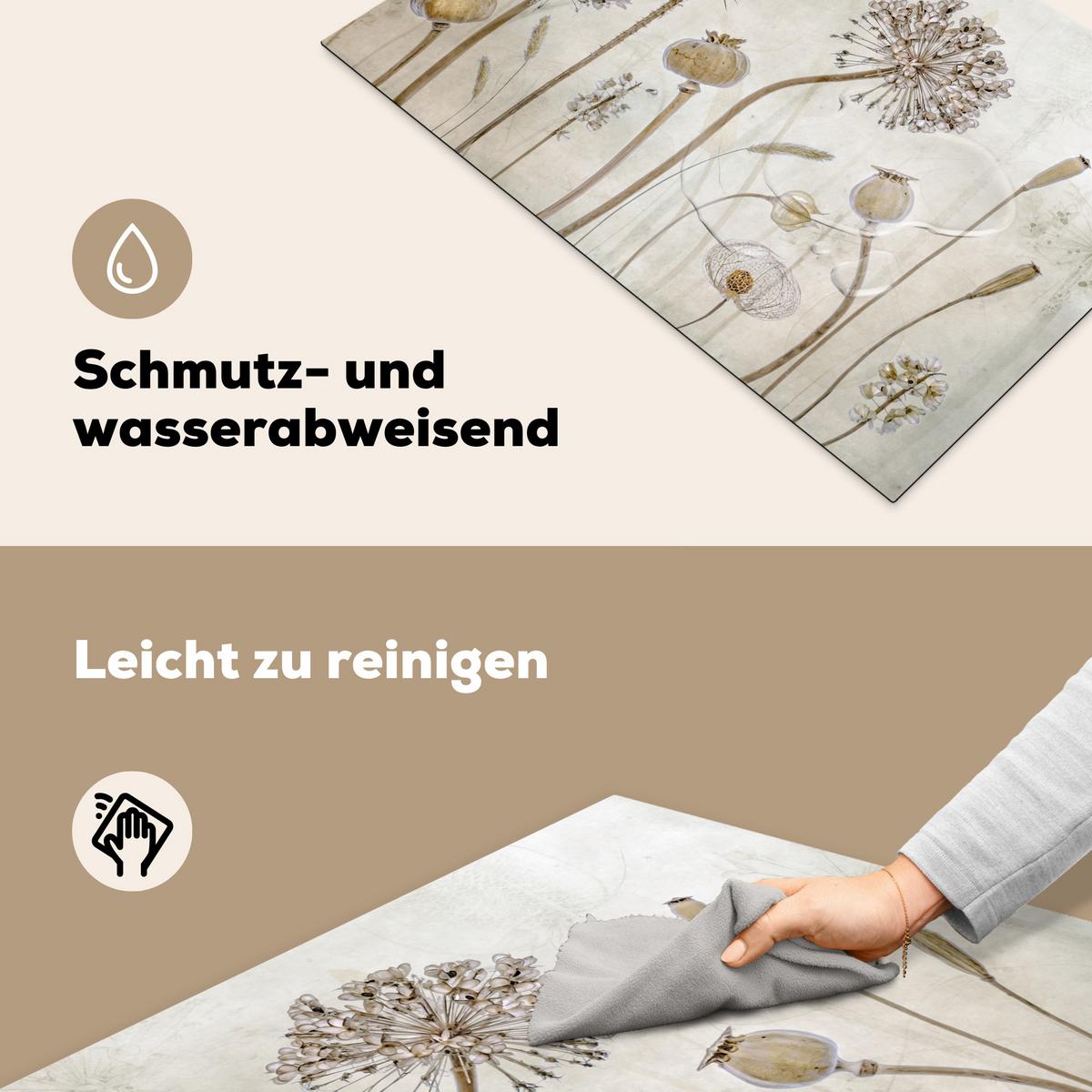 HERDABDECKPLATTE Blumen - Aquarell - Stilleben - Braun - Vintage Induktionsmatte 77x51 cm - Sandfarben, Kunststoff (77/51/0.2cm) - MuchoWow