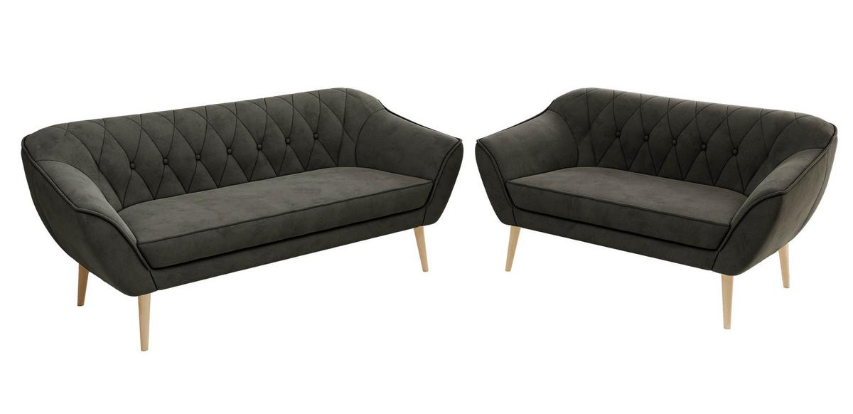 SITZGARNITUR PIRS 3+2 - Dunkelgrau Velvet - Holzbeine - Dunkelgrau/Buchefarben, Holzwerkstoff/Textil (180/75/74cm) - MKS