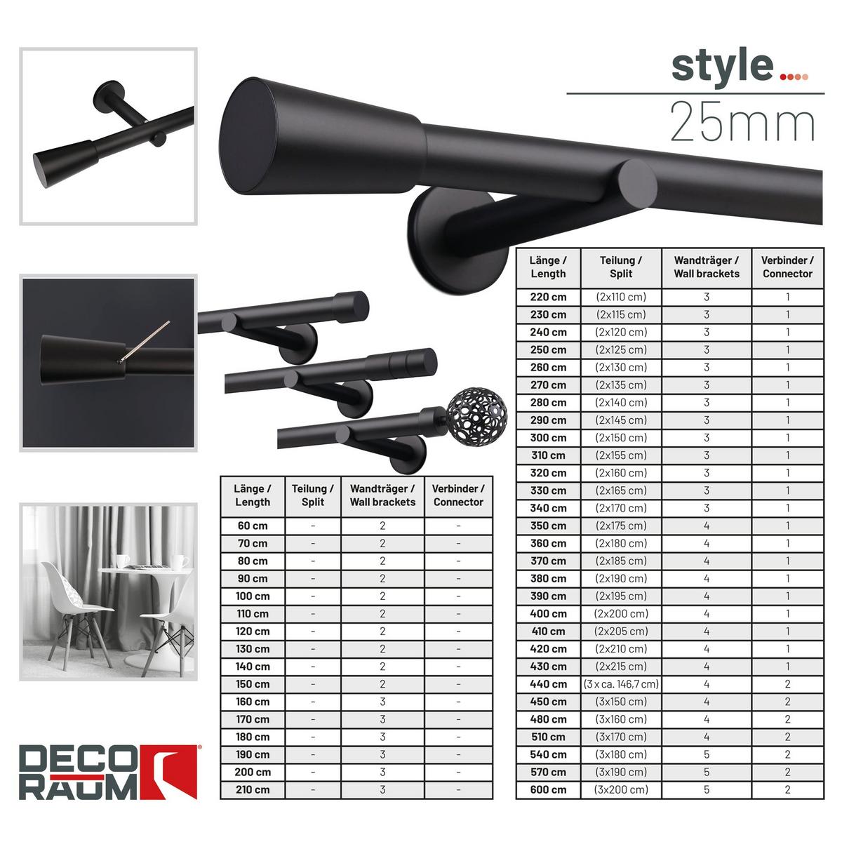 GARDINENSTANGE auf Maß 1-lauf Wandmontage Kegel 240cm - Schwarz, Metall (240cm) - Deco-Raum