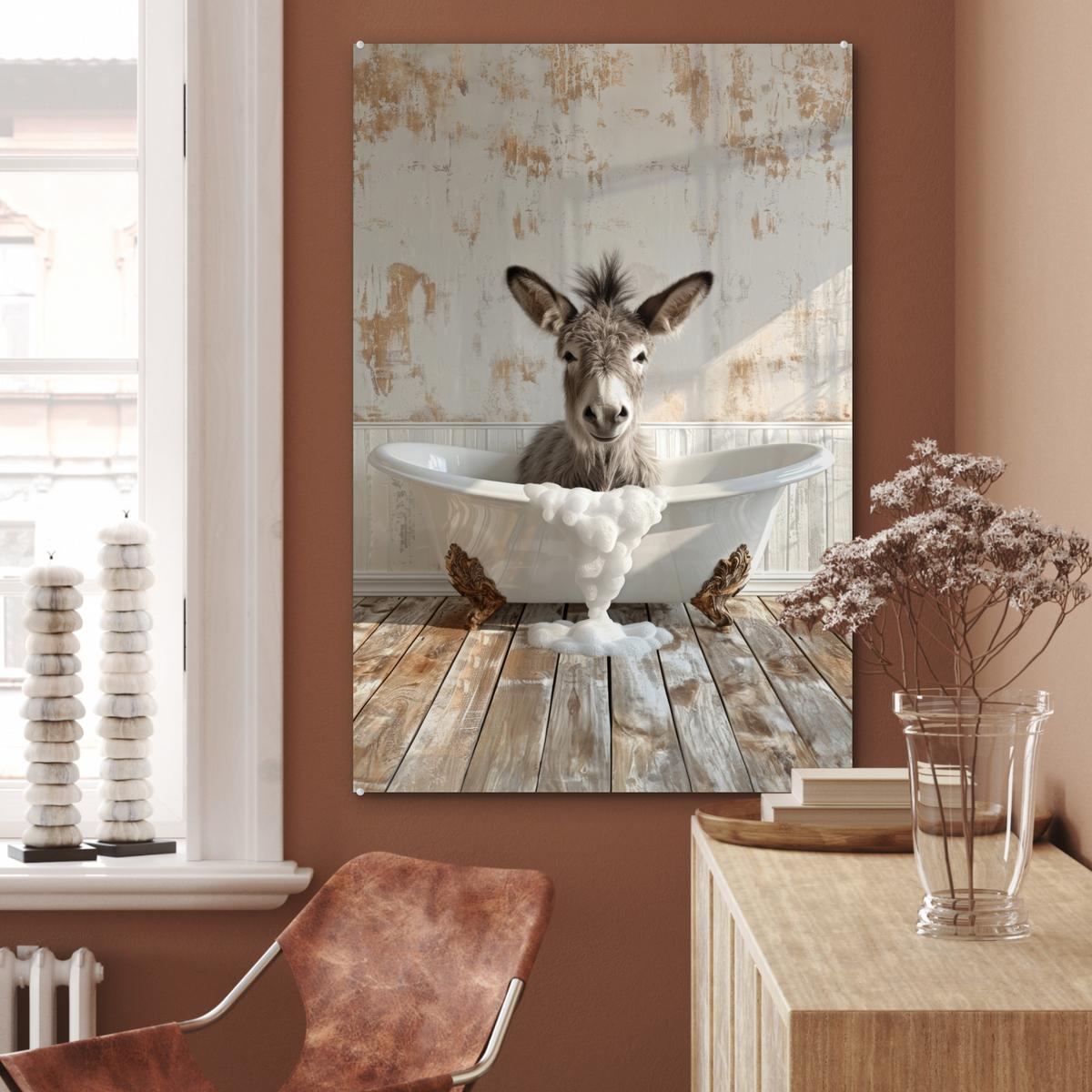 ACRYLGLASBILD Esel - Tiere - Badewanne - Schaumstoff 80x120 cm - Weiß, Glas (80/120cm) - MuchoWow