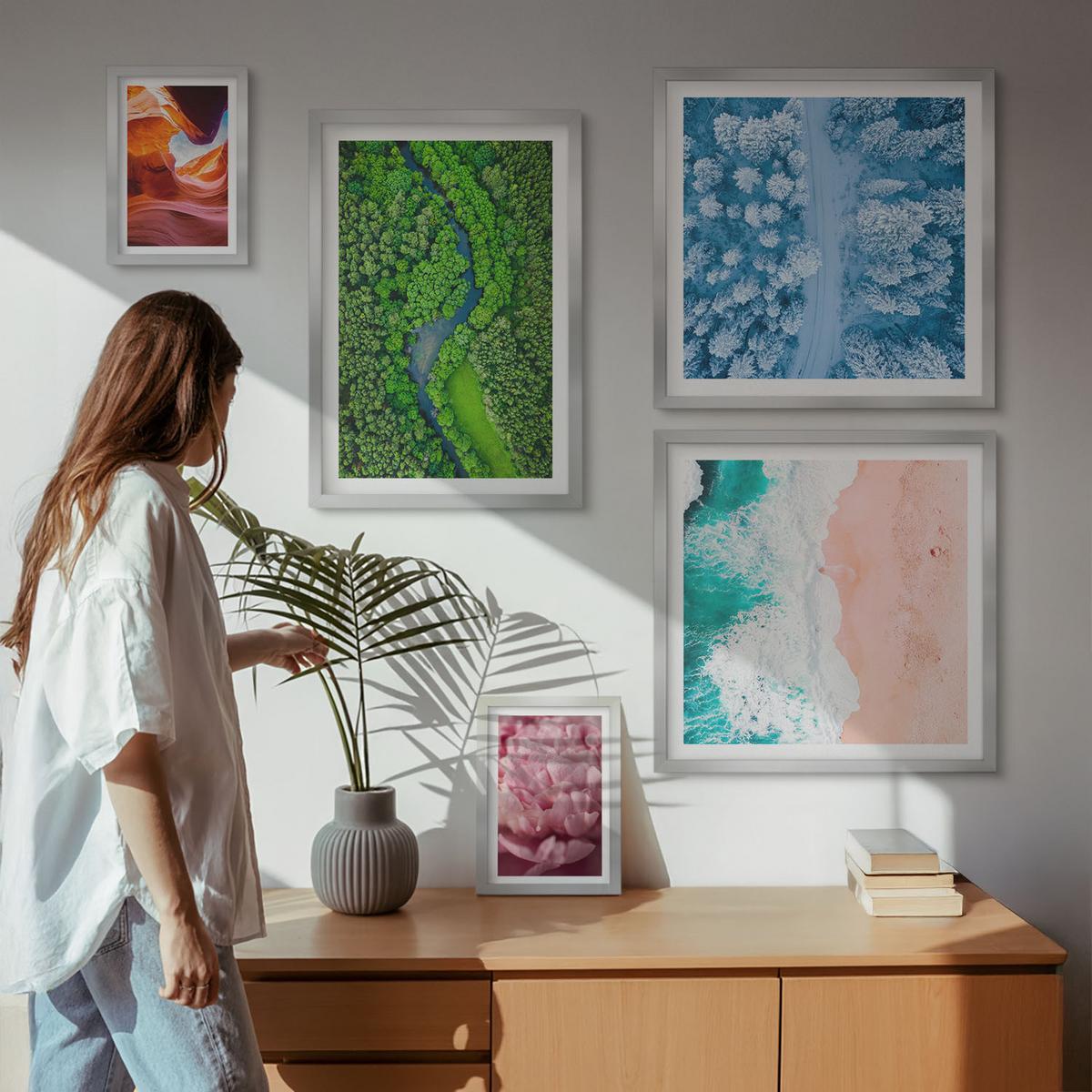BILDER SET 5er Set - 50x50 cm & 20x30 cm & 40x60 cm Silberner Rahmen - Pferde, Bewegung, Strand, Leuchtturm, Berge - Silberfarben, Kunststoff (40/60cm) - TULUP