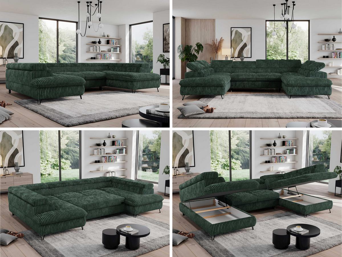 WOHNLANDSCHAFT PEDRO U Cord Grün - Schwarz/Grün, Textil/Metall (346/76/208cm) - MKS