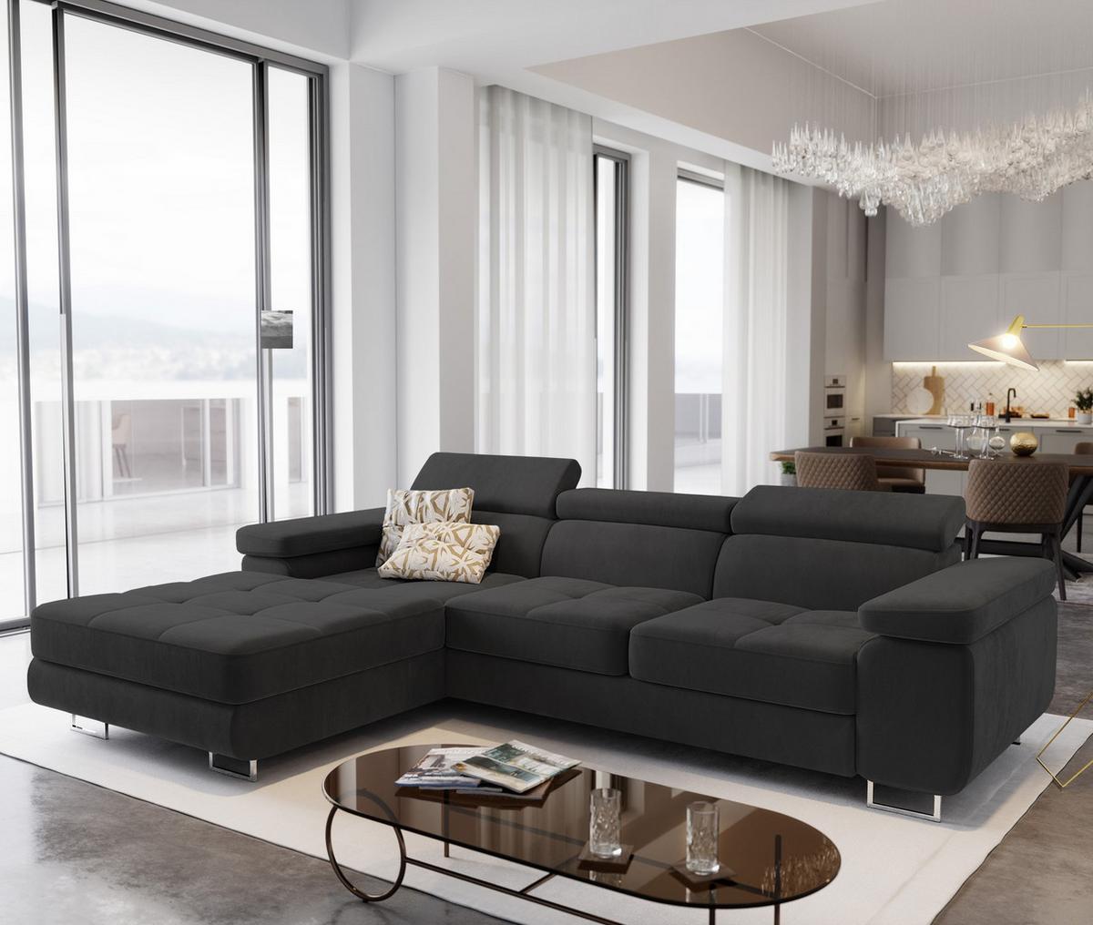ECKSOFA ELMA L-S Schwarz Velours-Stoff mit Schlaffunktion - Silberfarben/Schwarz, Holz/Textil (280/205cm) - MASSENO