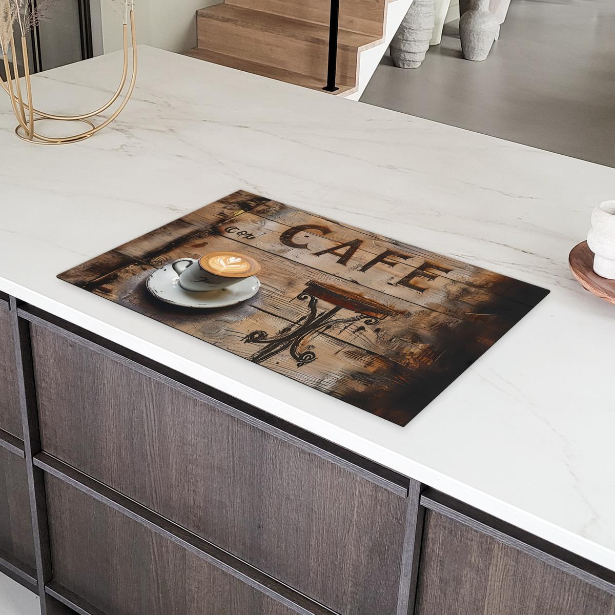 HERDABDECKPLATTE Cafe - Holz - Kaffee - Regale Induktionsmatte 83x51 cm - Schwarz, Kunststoff (83/51.5/0.2cm) - MuchoWow