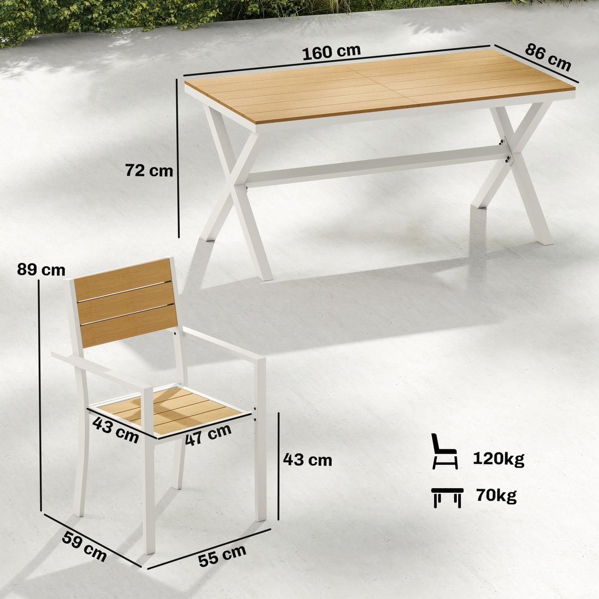 OUTDOOR-ESSGRUPPE 7er Set Aluminium Kunstholz Teak - Weiß, Kunststoff/Metall - Outsunny
