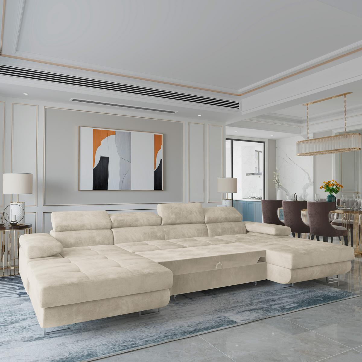 WOHNLANDSCHAFT LYKKE Creme Velours-Stoff mit Schlaffunktion - Creme, Holz (353/90/202cm) - MASSENO