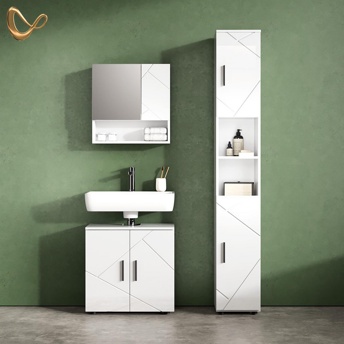 BADMÖBEL-SET Ronco Weiß Hochglanz 3 Teile, mit Hochschrank - Weiß Hochglanz, Holzwerkstoff (60/59/30cm) - Livinity®