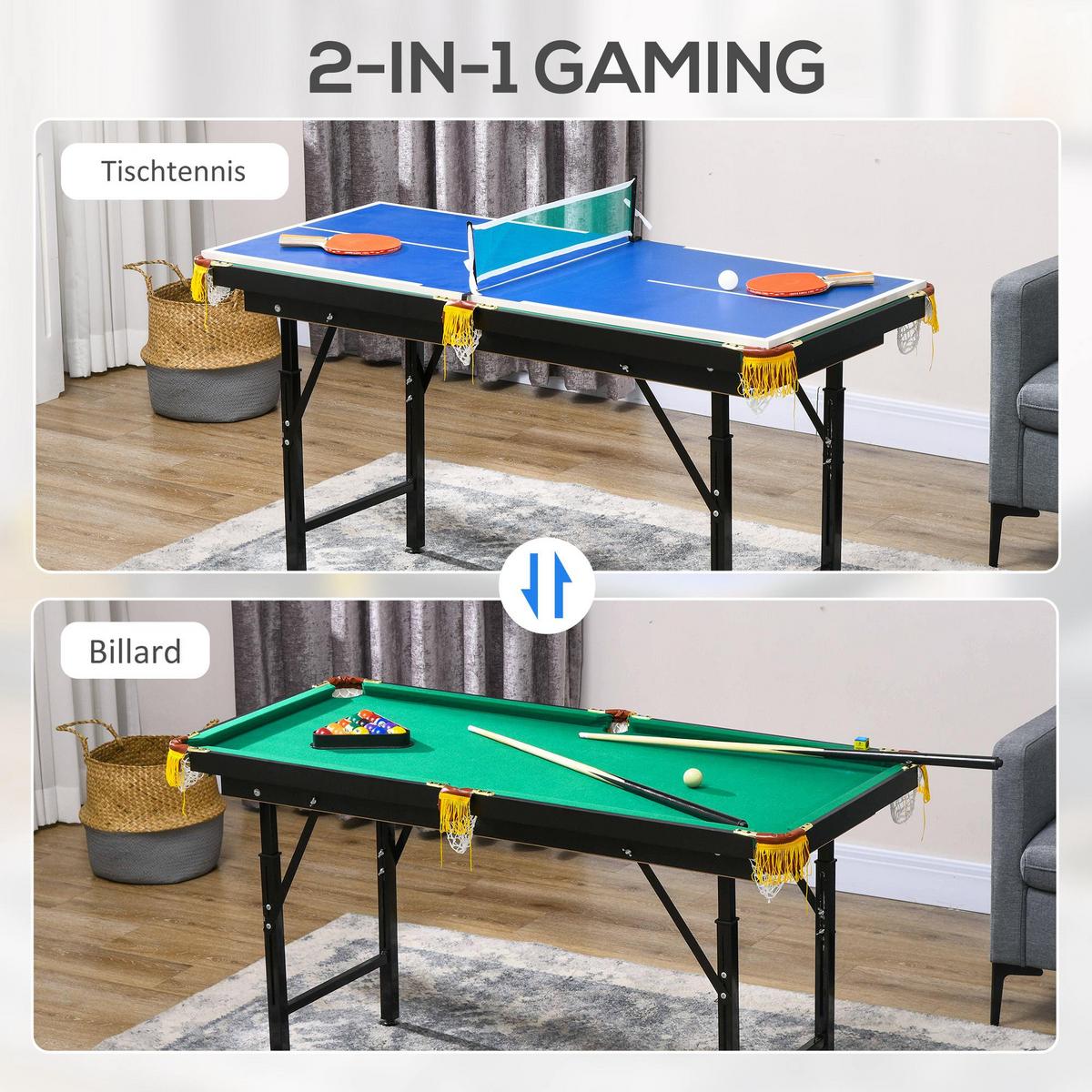 MULTIGAME Spieletisch Multifunktionstisch inkl. Tischtennis Billardtisch Grün - Blau, Holzwerkstoff (63/140cm) - SPORTNOW
