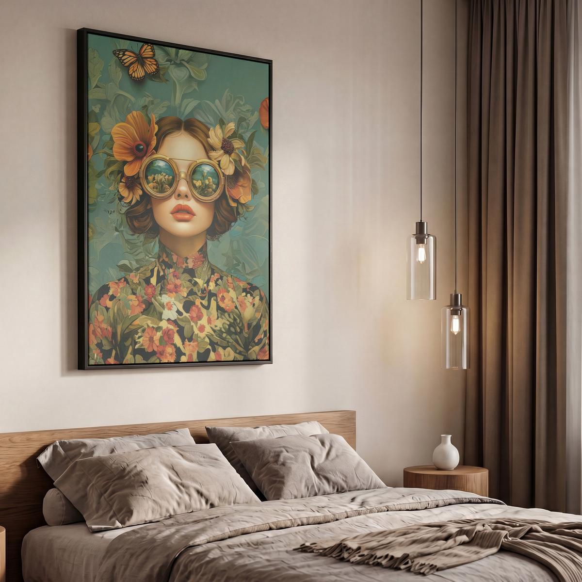 LEINWAND Bilder mit Rahmen - Frau - Blumen - Schmetterlinge - Natur - Vintage - 60x90 - Salbeigrün, Textil (60/90cm) - MuchoWow
