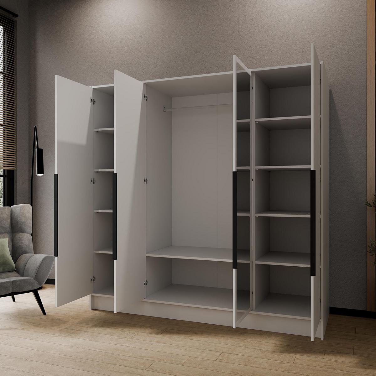 DREHTÜRENSCHRANK RENVO 200/200/51 cm Modern Kleiderschrank 4-türig mit Spiegel Weiß - Weiß, Holzwerkstoff (200/200/51cm) - MASSENO