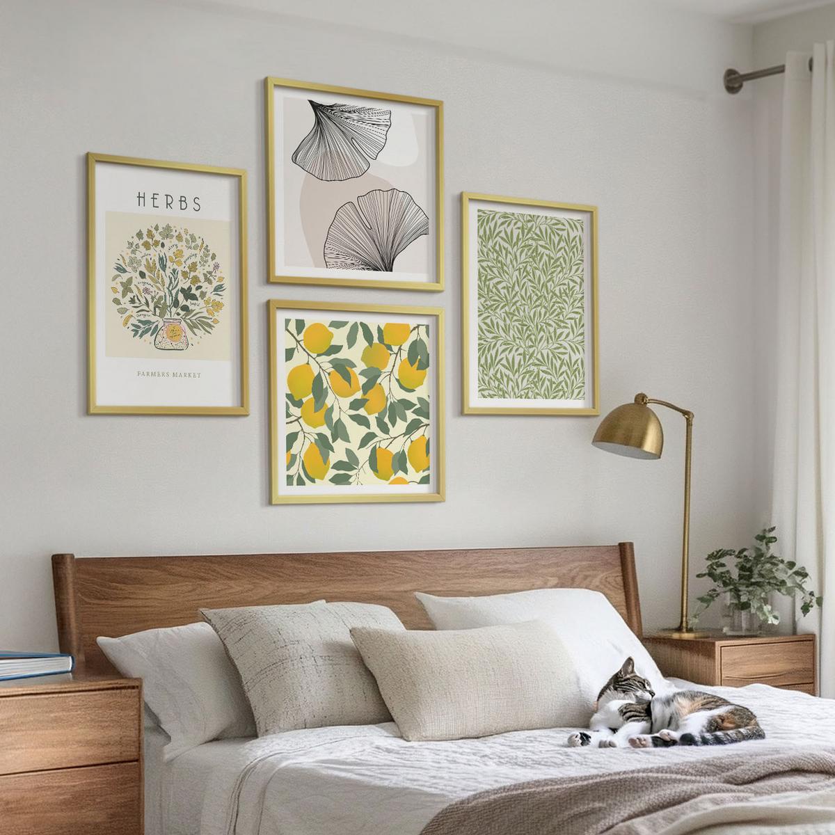 BILDER SET 4er Set - 50x50 cm & 40x60 cm Goldrahmen - Zitronenkräuter und -blätter - Goldfarben, Kunststoff (50/50cm) - TULUP