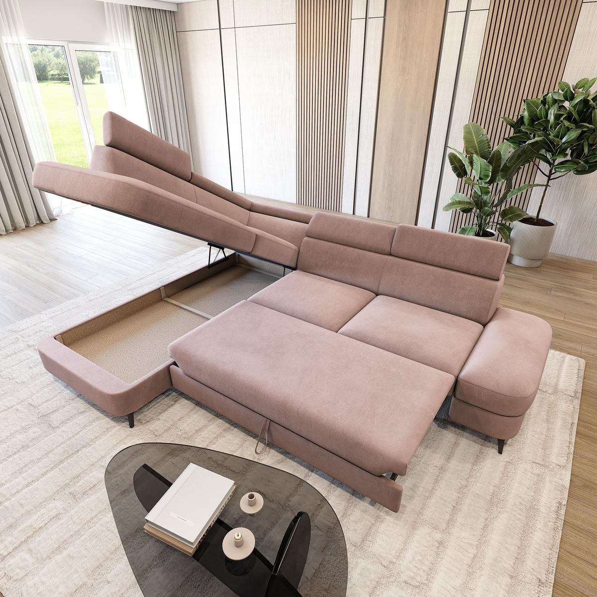 ECKSOFA AVISE MV L-S Rosa Velours-Stoff mit Schlaffunktion - Rosa, Holzwerkstoff/Textil (268/195cm) - MASSENO