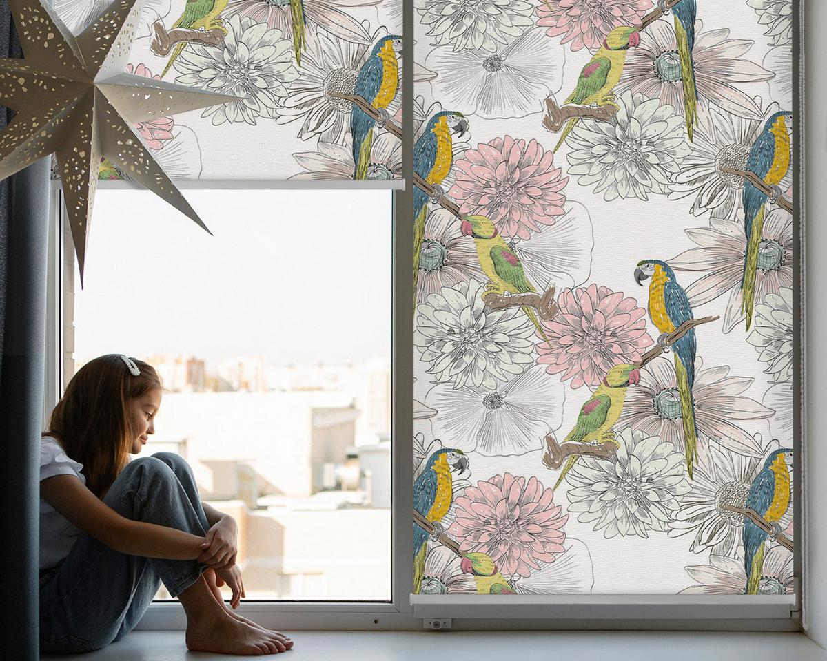 INNENROLLO - Fensterrollo - Rollo - 150x180 cm - Papageien auf einem Ast - Blau, Kunststoff (150/180/0.5cm) - TULUP