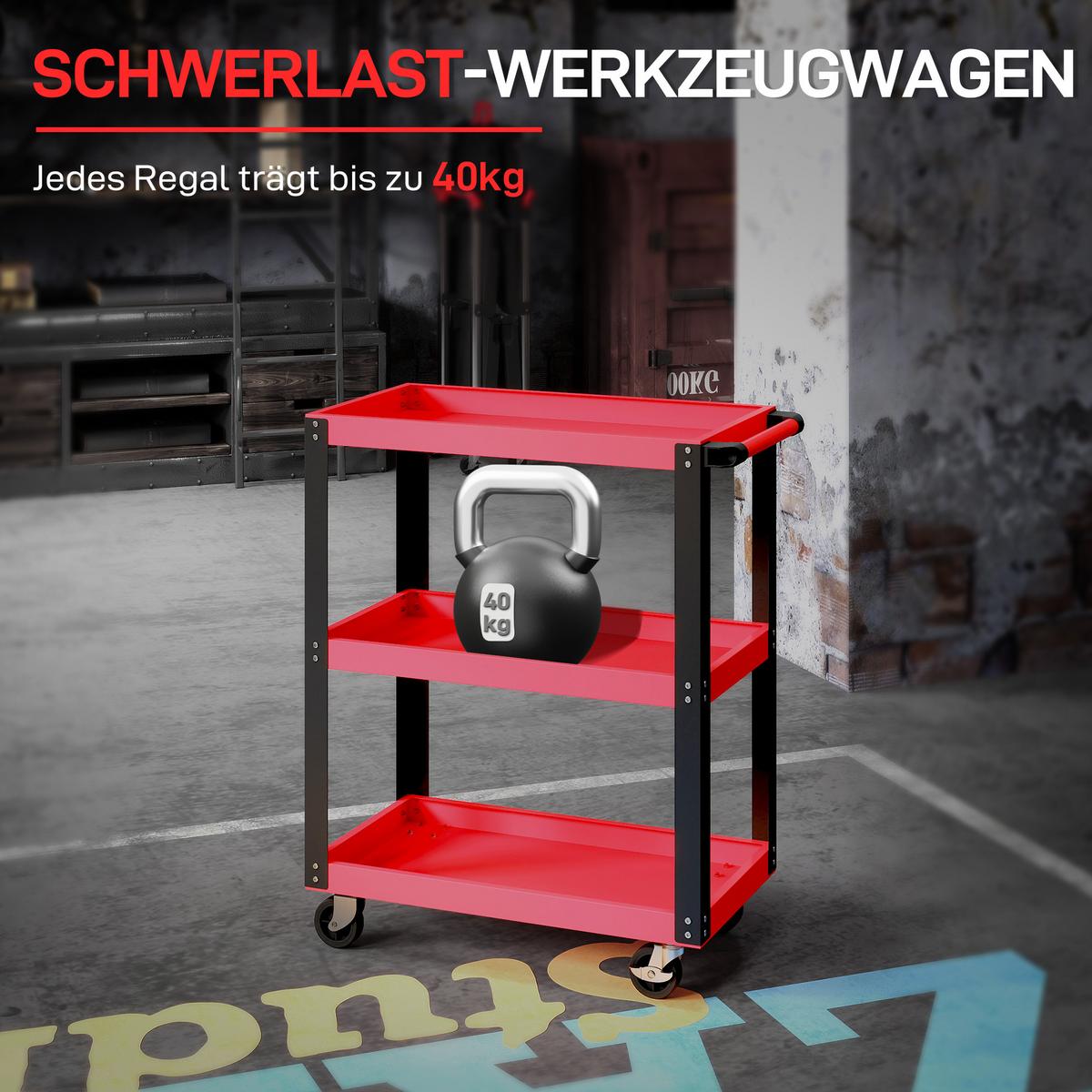WERKSTATTWAGEN mit 3 Etagen Werkzeugwagen Transportwagen mit Griff - Rot, Metall (35/82.5/70.5cm) - HOMCOM