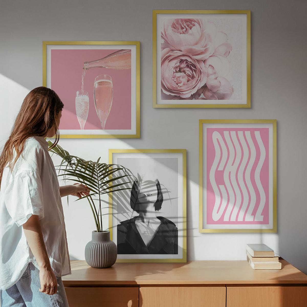 BILDER SET 4er Set - 50x50 cm & 40x60 cm Goldrahmen - Stilvolles Porträt mit Champagner - Goldfarben, Kunststoff (50/50cm) - TULUP