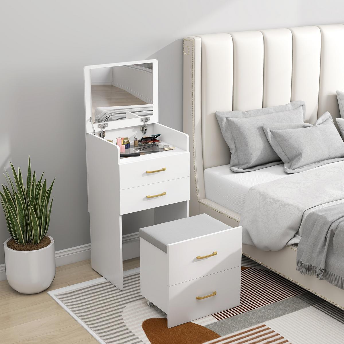 3 in 1 Schminktisch mit Hocker, Kosmetiktisch mit Spiegel, 3 Schubladen - Beige/Weiß, Holzwerkstoff/Textil (40/90/48cm) - HOMCOM