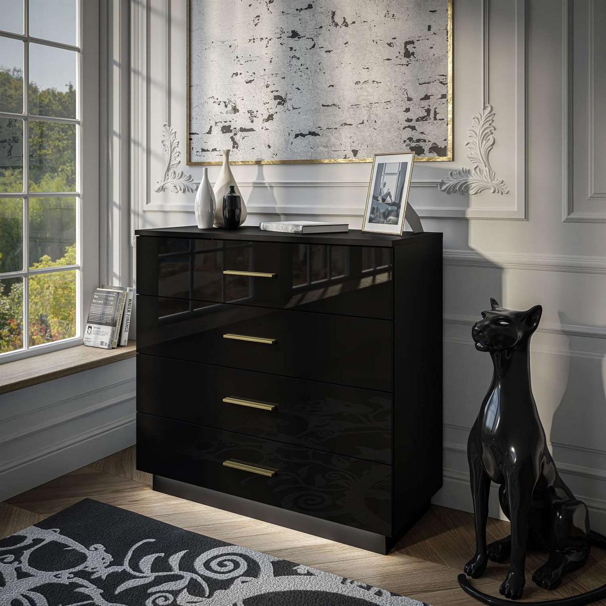 KOMMODE LINA 95 mit Griffen Schwarzer Glanz LED Griffe Gold - Goldfarben/Schwarz, Holzwerkstoff (95/84/40cm) - Lookway