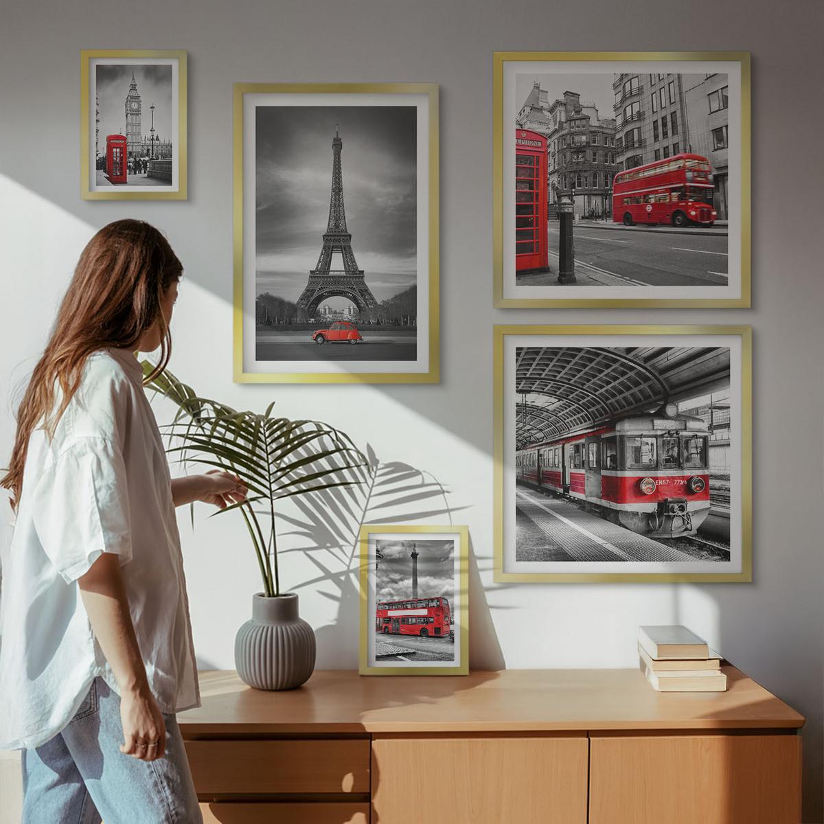 BILDER SET 5er Set - 50x50 cm & 20x30 cm & 40x60 cm Goldrahmen - Rote Busse in der Stadt - Goldfarben, Kunststoff (40/60cm) - TULUP