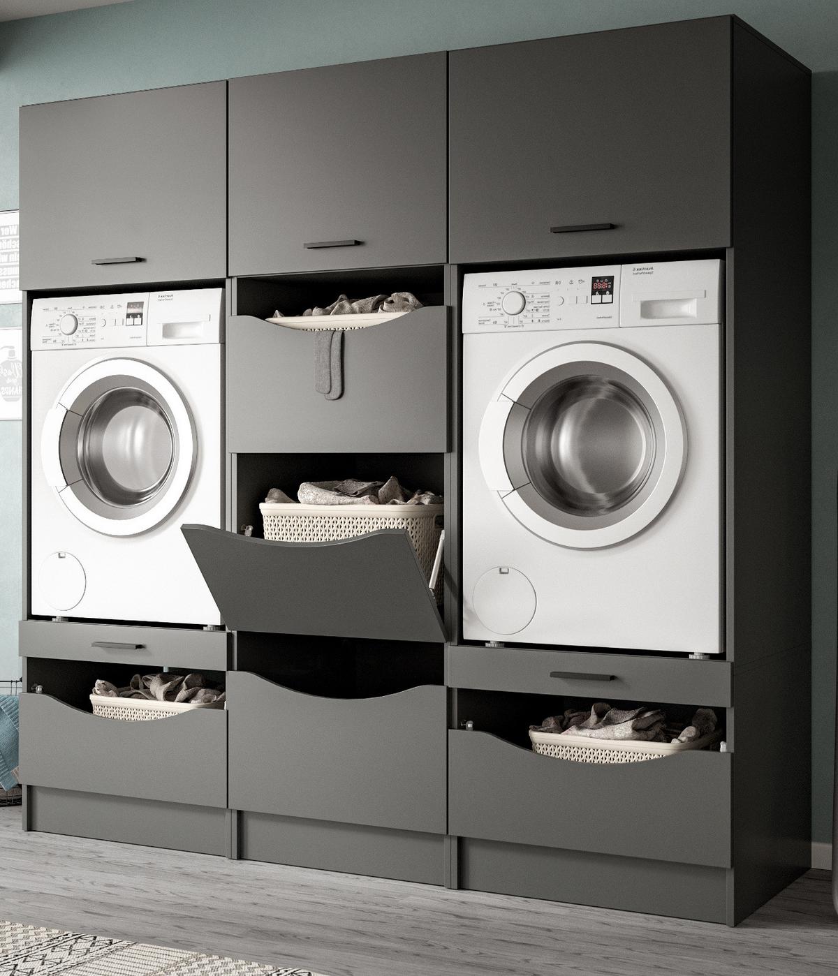 WASCHMASCHINENSCHRANK grau Set 3-teilig 192 cm, Umbau für Waschmaschine und Trockner - Schwarz/Grau, Holzwerkstoff/Kunststoff (192/196/68cm) - Inn.Furn