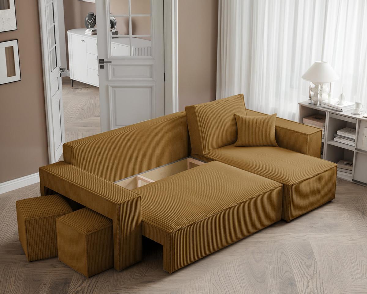 ECKSOFA PARIS mit Schlaffunktion und Bettkasten Senfgelb - Currygelb, Kunststoff/Textil (262/145cm) - Idohome