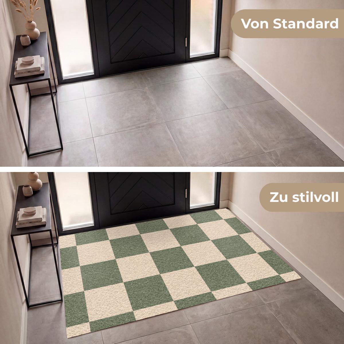 FUSSMATTE Schachbrettmuster - Grün - Beige - Blöcke Flurteppich 180x120 cm - Olivgrün, Kunststoff (180/0.4cm) - MuchoWow
