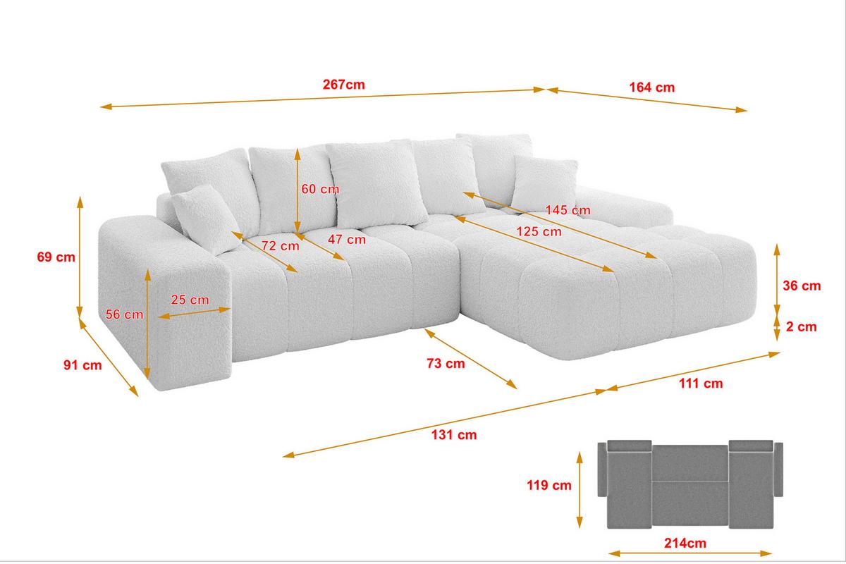 ECKSOFA Ottomane Rechts ENSI-L - 267x164x69 cm Weiß - Weiß, Holzwerkstoff/Kunststoff (164/267cm) - ALTDECOR