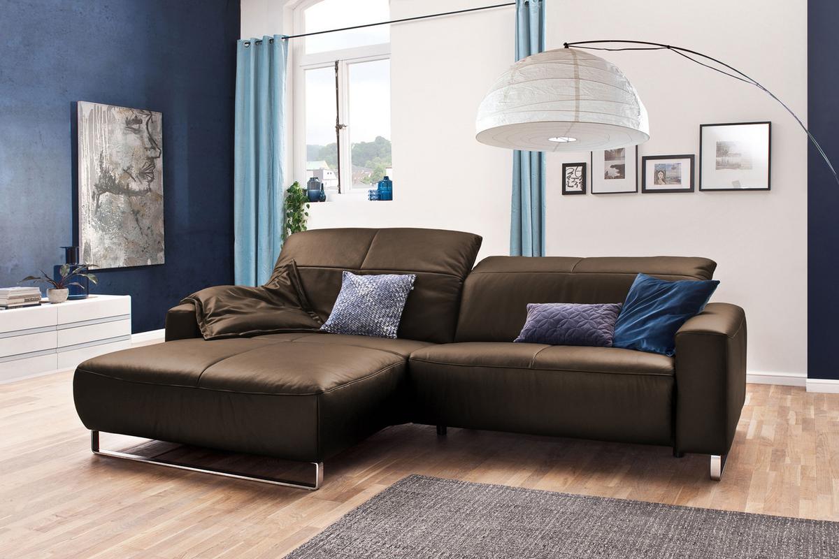 ECKSOFA YORK Walnuss Dekor Leder - Silberfarben/Walnussfarben, Leder (284/180cm) - KAWOLA