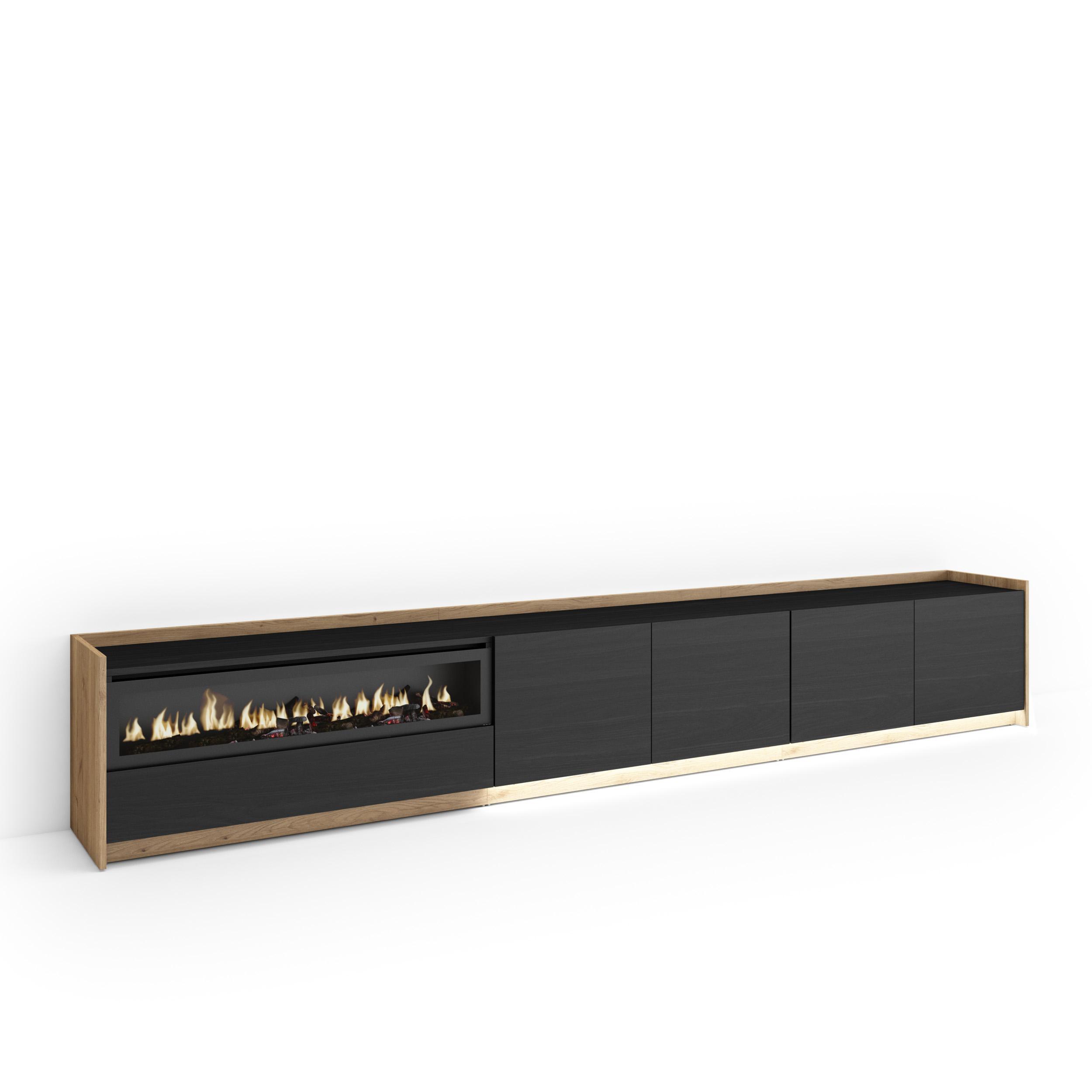 LOWBOARD, Schwarz und Eiche, 310/37/50cm, Kamin mit Feuereffekt - Schwarz, Holzwerkstoff (310/50/37cm) - Skraut Home