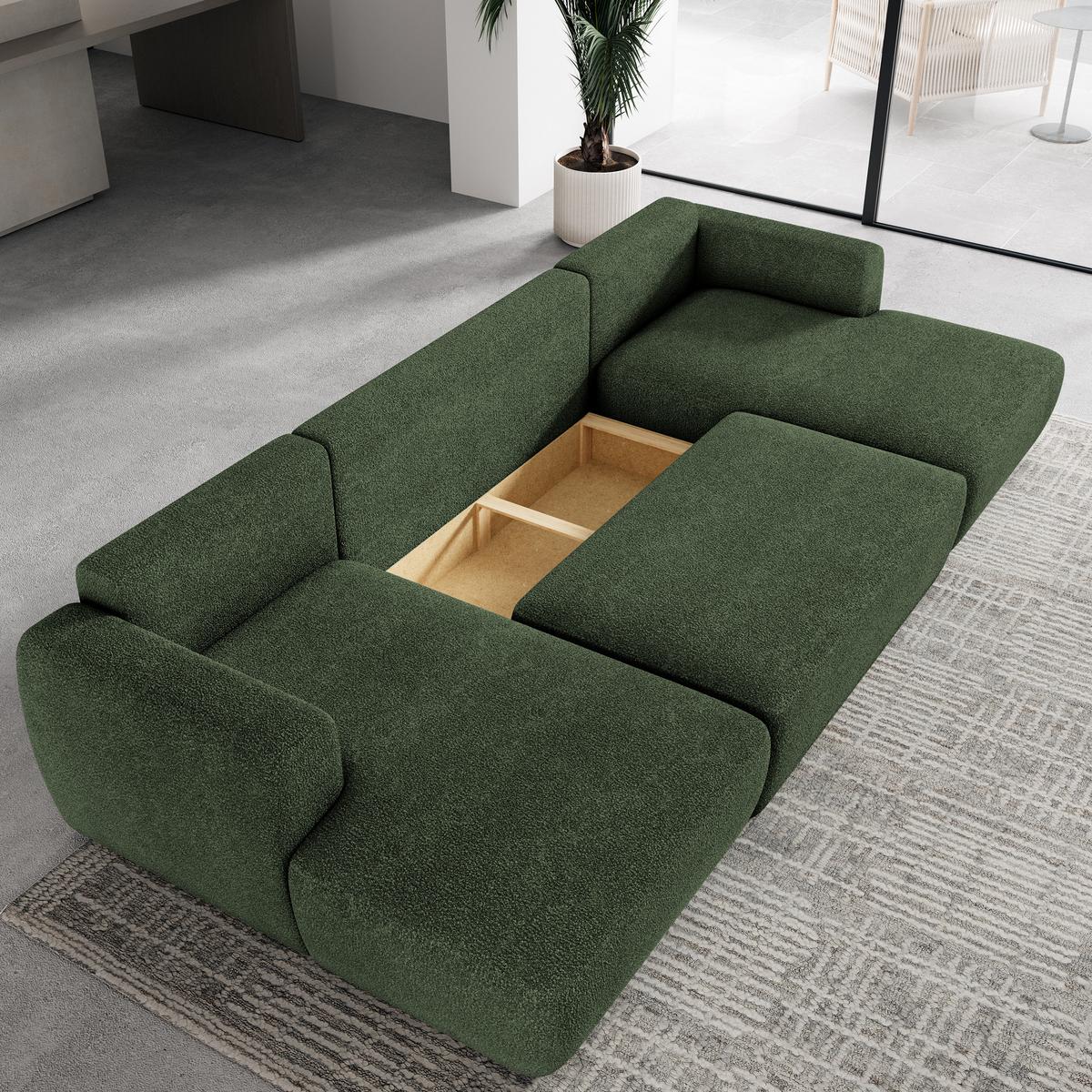 WOHNLANDSCHAFT SENTUM N Grün Boucle-Stoff mit Schlaffunktion - Schwarz/Grün, Holz/Kunststoff (330/90/148cm) - MASSENO