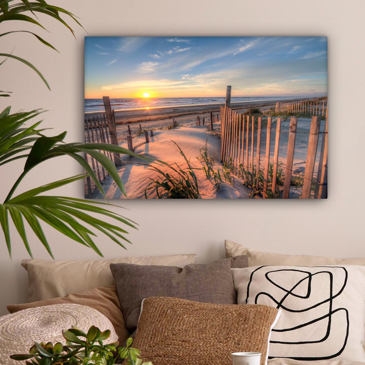 LEINWANDBILD Strand - Meer - Düne - Sonnenuntergang - Landschaft Wanddeko 90x60 cm - Beige, Textil (90/60cm) - MuchoWow