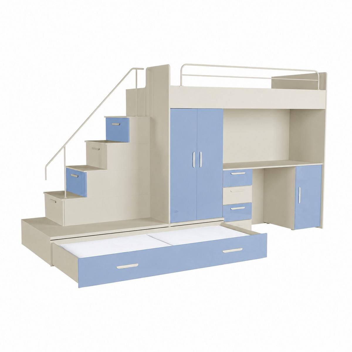KINDERZIMMER Set RAJ 5, Hochglanz mit Hochbett, Schrank und Schreibtisch - Kaschmir/Blau, Holzwerkstoff (320/180/86cm) - Lookway