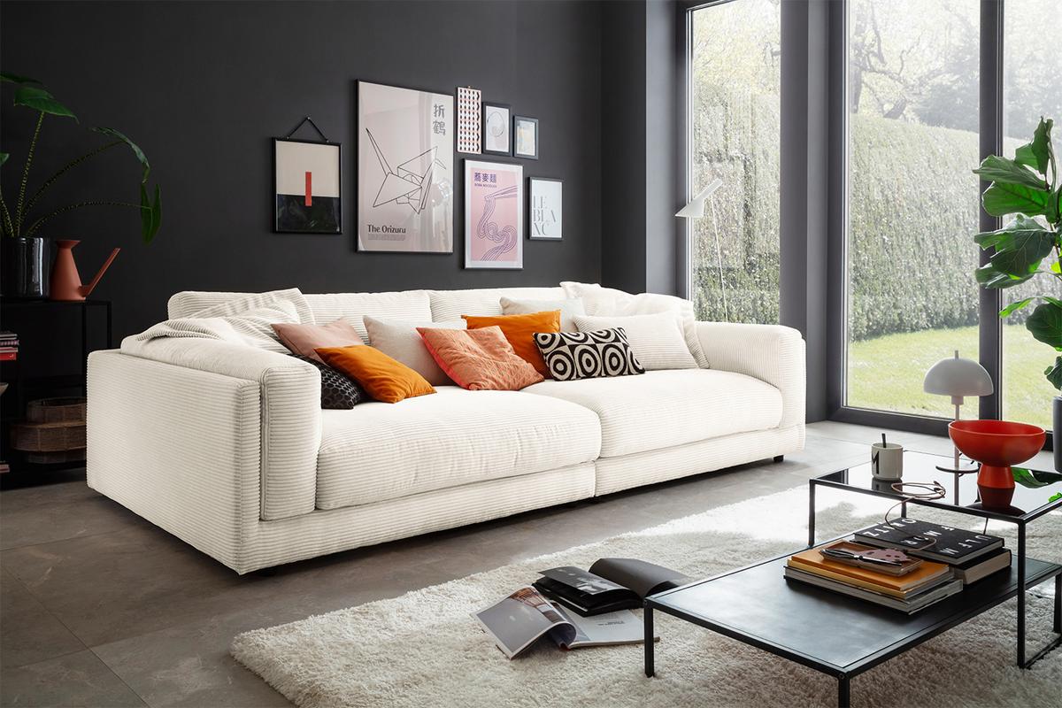 BIG SOFA RAINA Cremeweiß Cord - Creme/Schwarz, Kunststoff/Textil (254/85/150cm) - KAWOLA