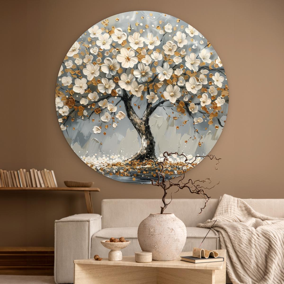 WANDBILD Baum - Gold - Blumen - Abstrakt - Kunst Deko Groß 150x150 cm - Goldfarben, Kunststoff (150/150cm) - MuchoWow