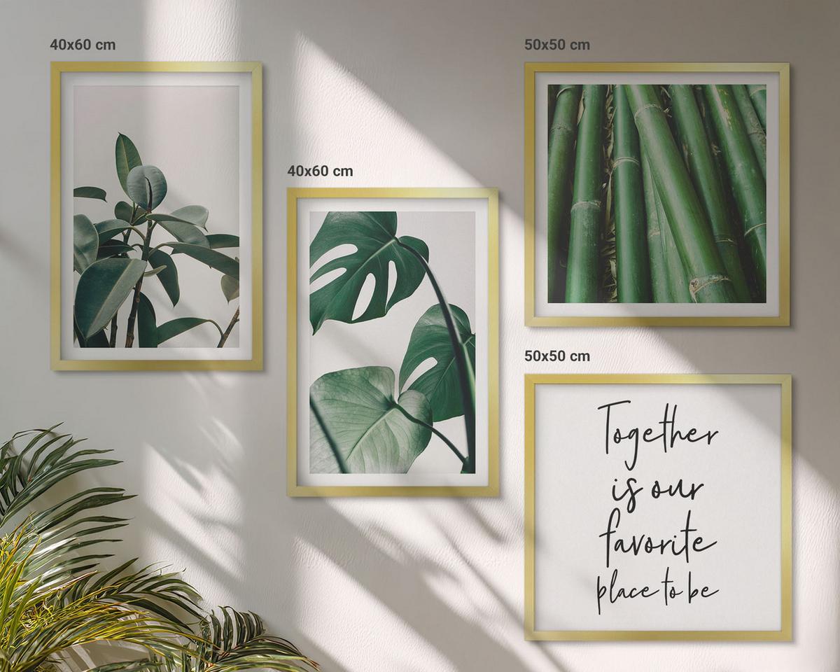 BILDER SET 4er Set - 50x50 cm & 40x60 cm Goldrahmen - Bambusblätter - Goldfarben, Kunststoff (50/50cm) - TULUP