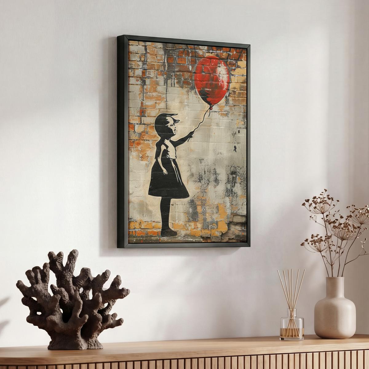 LEINWAND Bilder mit Rahmen - Graffiti - Banksy - Mädchen - Straßenkunst - 30x40 - Sandfarben, Textil (30/40cm) - MuchoWow