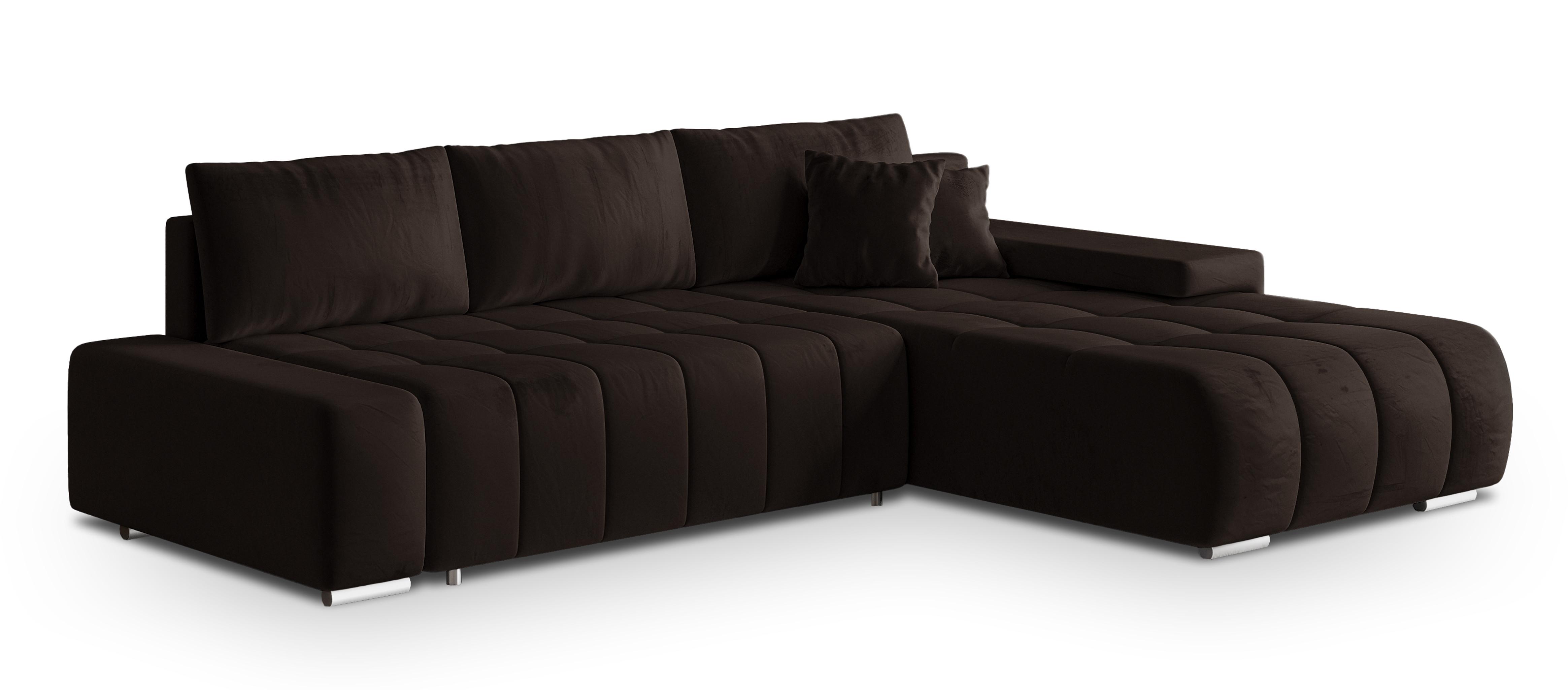 ECKSOFA ALESE R-S Braun Velours-Stoff mit Schlaffunktion - Silberfarben/Braun, Holz/Textil (265/185cm) - MASSENO