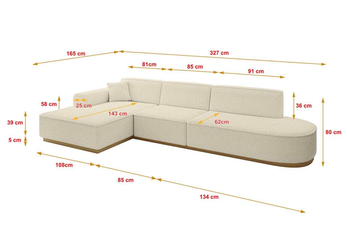 ECKSOFA Ottomane Links IREA-L2-v2 - 327x165x80 cm Beige - Hellbraun/Creme, Holzwerkstoff/Textil (327/165cm) - ALTDECOR