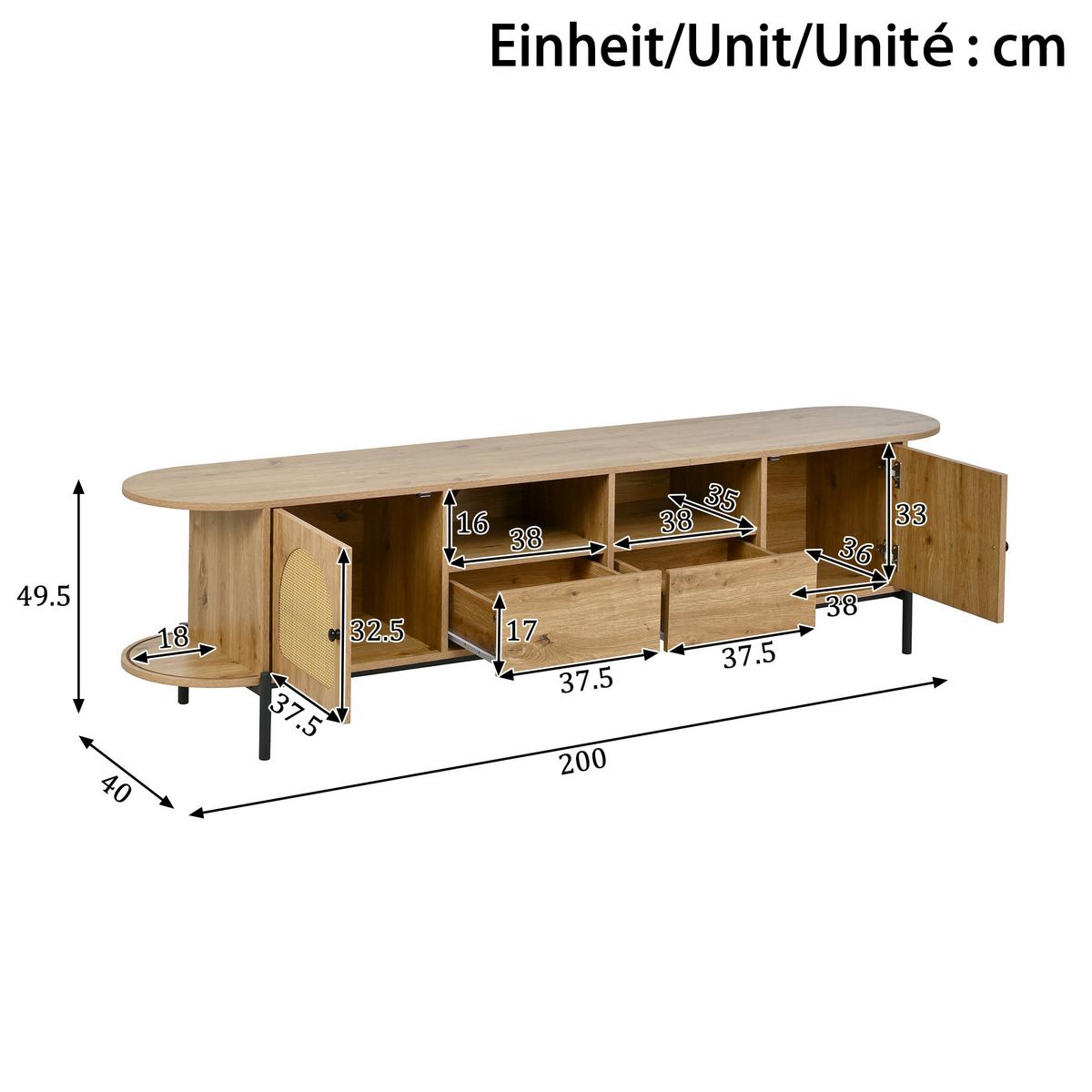 TV-LOWBOARD in holzoptik mit rattan, ovale form und viel stauraum - Naturfarben, Holzwerkstoff (200/49.5/40cm) - Urban Meuble