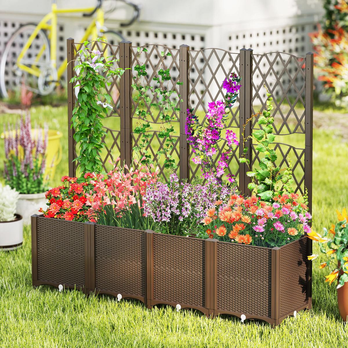 BLUMENKASTEN mit Rankgitter braun - Braun, Holz (80/122/40cm) - COSTWAY